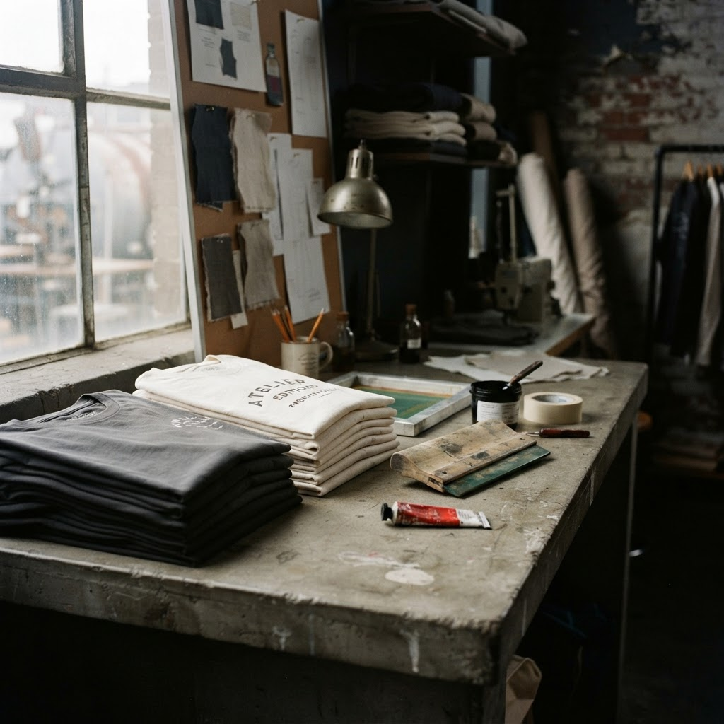 Behind-the-scenes look at the design studio and folded garments